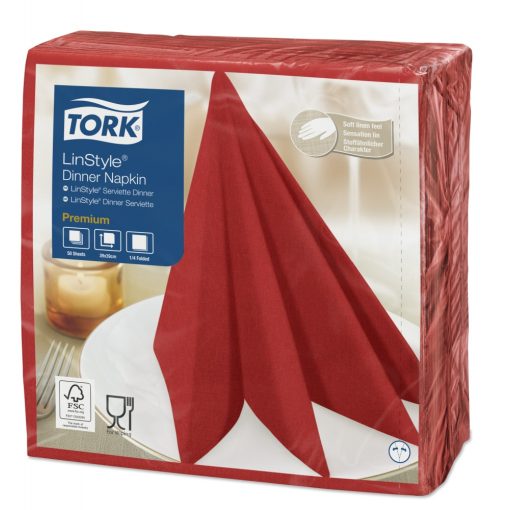 Tork Linstyle Dinner textilhatású szalvéta piros, 50 db/cs.